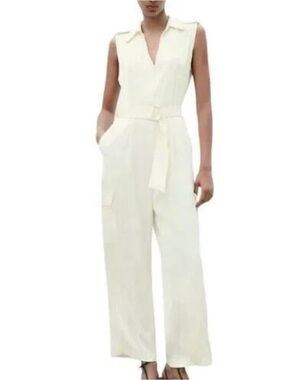 Zara Sleeveless Satin Cream Utility Jumpsuit with Belt NWT